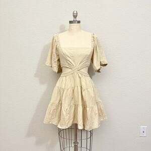 FREE PEOPLE Cross Of Sunlight Mini Dress Beige Cut Out Tiered Boho
